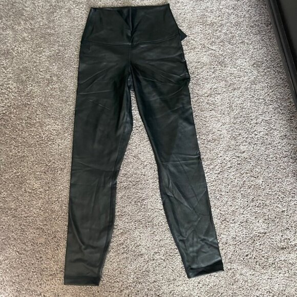 MOTO LEGGINGS FAUX LEATHER BLACK EMO HIGH RISE FREE WAISTBAND ANKLE LENGTH GOTH - Picture 8 of 13